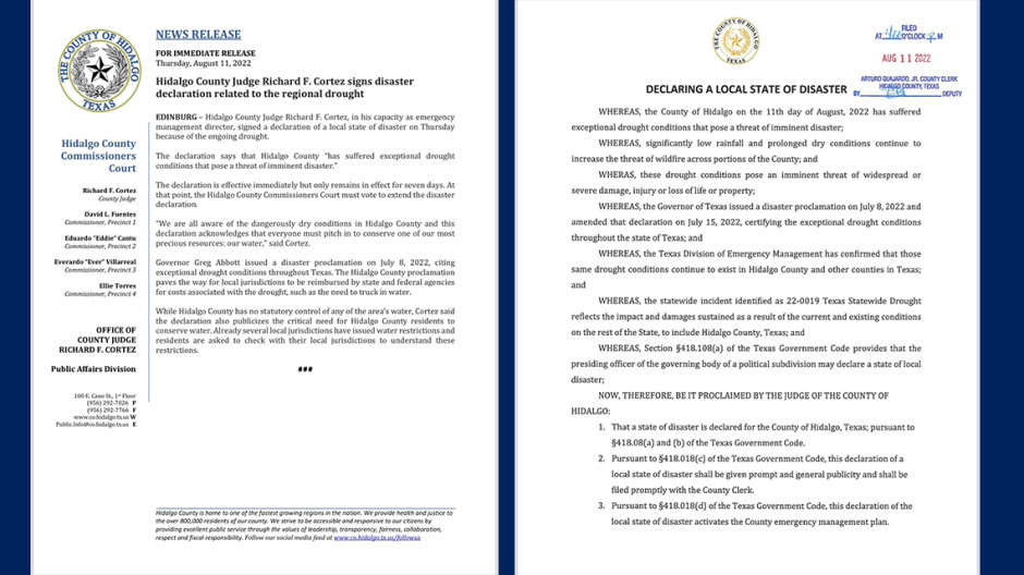 Juez del condado de Hidalgo firma declaración local de estado de desastre por las sequías