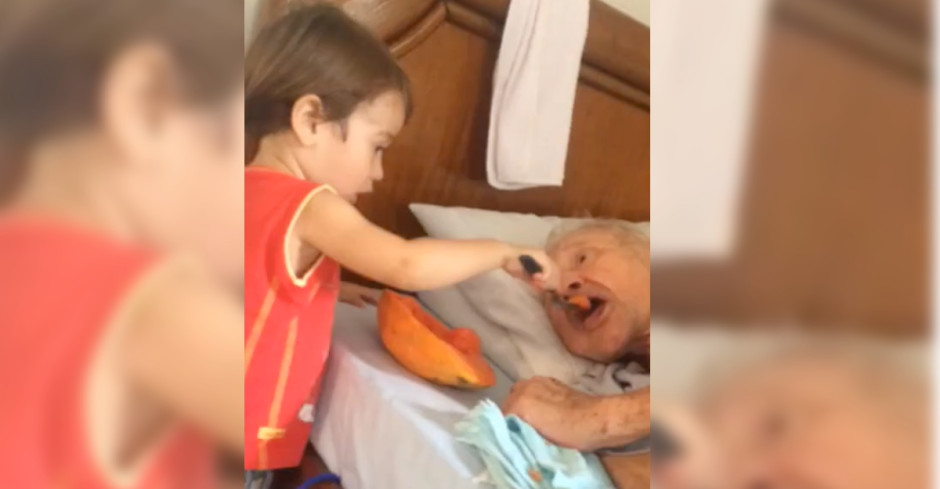 Niño da de comer a su abuelita enfermo cariñosamente