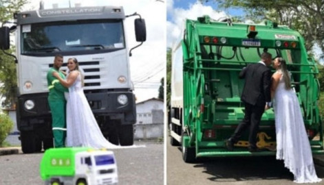 Pareja toma sus fotos de boda a bordo de un camión de basura