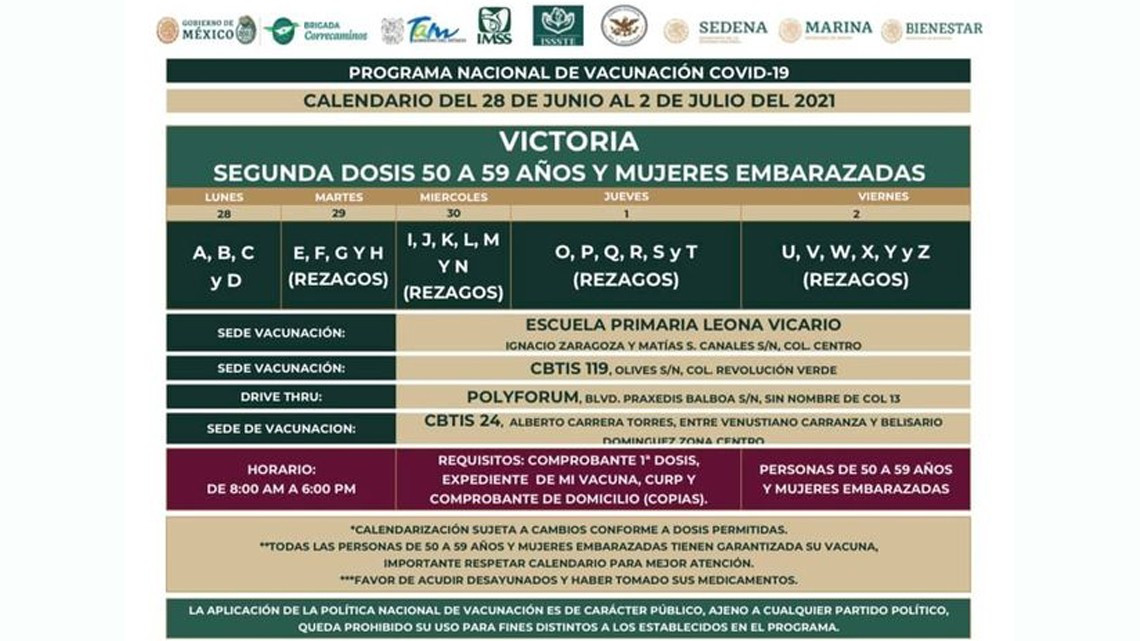 Pondrán segunda dosis anticovid a personas de 50 a 59 años en 6 municipios de Tamaulipas