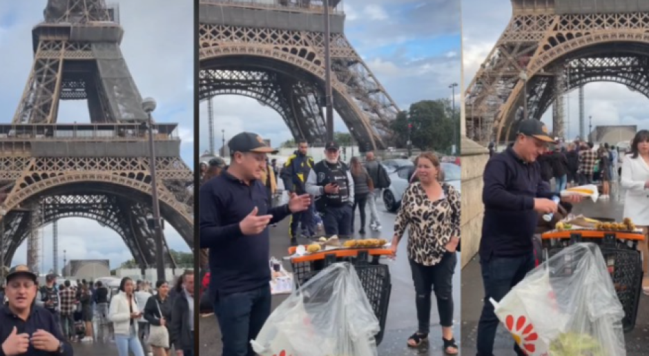 Joven se viraliza por vender elotes en la Torre Eiffel