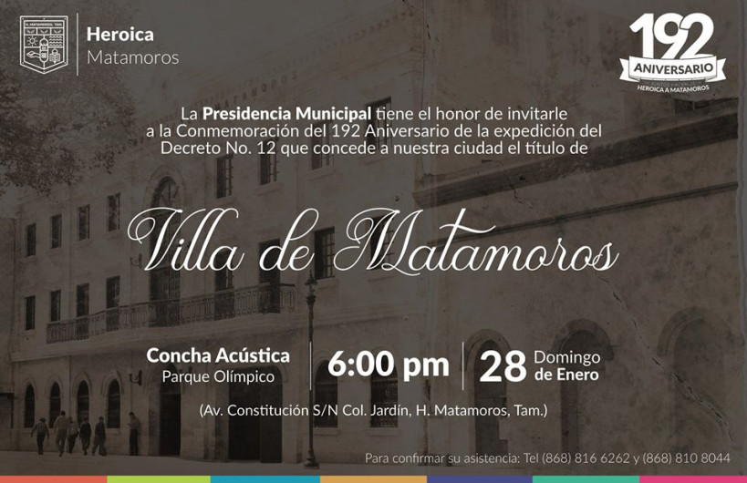 Invitan a aniversario 192 del Decreto No. 12 en Matamoros