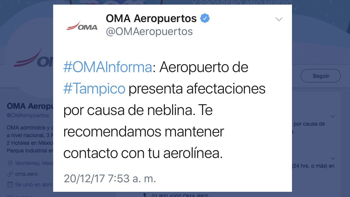 Neblina obliga a cierre de aeropuerto de Tampico