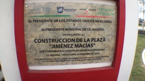 Madero entrega plaza en beneficio familias de la colonia Jiménez Macías