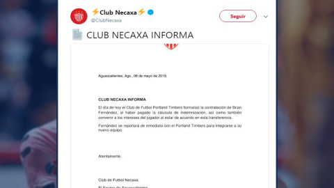 Necaxa hace oficial la salida de Brian Fernández 