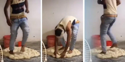 Cachan a vendedor de empanadas amasando con los pies