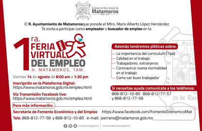 Realizan primera Feria Virtual del Empleo en Matamoros