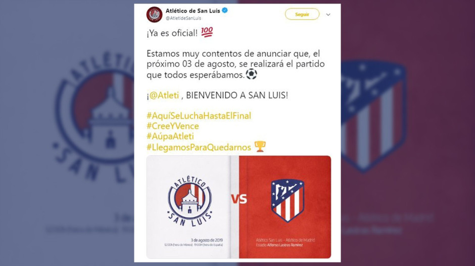 El Atlético San Luis recibirá en agosto al Atlético de Madrid 