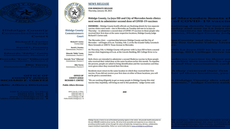 La Joya ISD y la ciudad de Mercedes albergarán clínicas de vacunas para la segunda dosis de la vacuna Covid-19