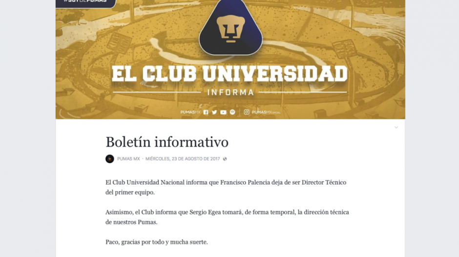 Francisco Palencia deja de ser DT de los Pumas