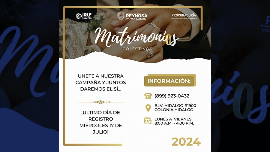 Invita DIF Reynosa a registrarse a Matrimonios Colectivos 2024