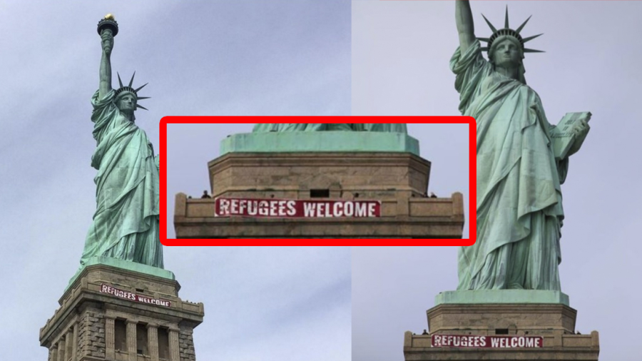 Colocan cartel 'Bienvenidos refugiados' en la Estatua de la Libertad