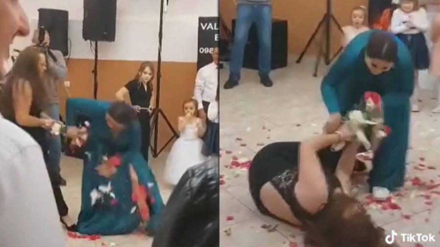 Mujeres se pelean por el ramo de novia