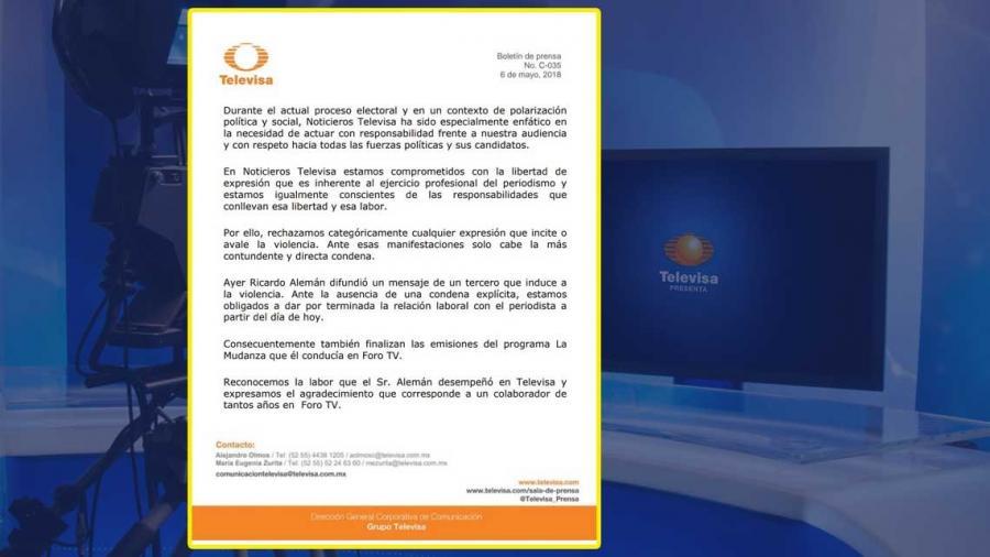 Televisa y Canal Once finalizan relación laboral con Ricardo Alemán